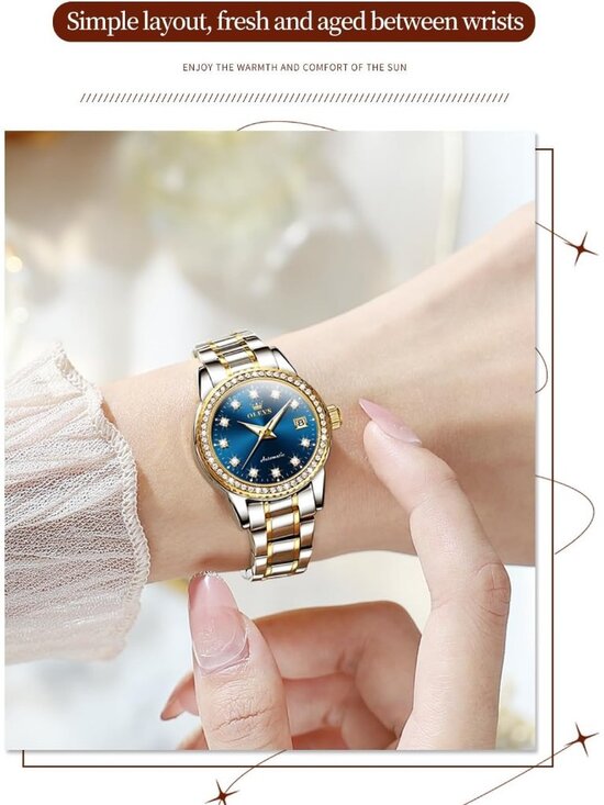 Women\'s Blue Automatic Diamond Luxury Mechanical Stainless Steel Wrist Watches